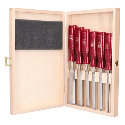 Produktbild von Kirschen Stechbeitelsatz Breite 6 10 12 16 20 26 mm mit Plastikheft rot Holzkasten - 1103000