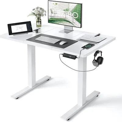 Produktbild von Höhenverstellbarer Schreibtisch mit USB-A und USB-C-Ladeanschlüssen, 120 x 60 cm Schreibtisch Höhenverstellbar Elektrisch, Ergonomischer Steh-Sitz Tisch für Heimbüro, Standing Desk, Weiß