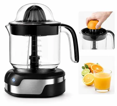 Produktbild von Zitruspresse Elektrisch Edelstahl, 1,2L Saftbehälter, Orangenpresse mit 2 Presskegeln, leise, pflegeleicht, 40W