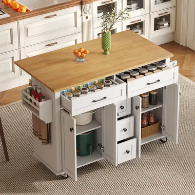 Produktbild von Wielofunkcyjny wózek kuchenny z rozkładanym blatem, 5 szufladami, szafkami, uchwytem na przyprawy i ręczniki, na kółkach, 120×65×89 cm, biały