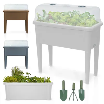 Produktbild von ONBEST Hochbeet Kunststoff | Weiß | mit Deckel | inklusive Gartenwerkzeug | 76x66,5x37cm (BxHxT)