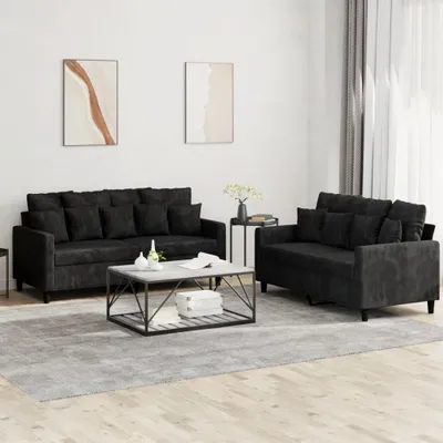 Produktbild von 2-tlg. Sofagarnitur Couchgarnitur mit Kissen Schwarz Samt 3201705