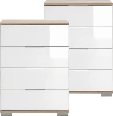 Produktbild von Schlafzimmer Nachttisch 2er Set, auch für Boxspringbett geeignet, in Eiche sägerau Nb. mit weißem Glas ELSTRA-43, B/H/T ca. 52/74/38 cm