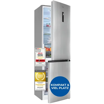 Produktbild von Exquisit Kühl-Gefrierkombination, 347 Liter, Standgerät, No-Frost, LED-Beleuchtung, digitale Steuerung, leise, KGC5350-105-NF-040C inoxlook