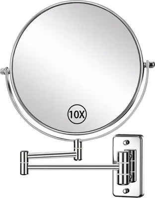 A wall-mounted magnifying makeup mirror with a 10x magnification.