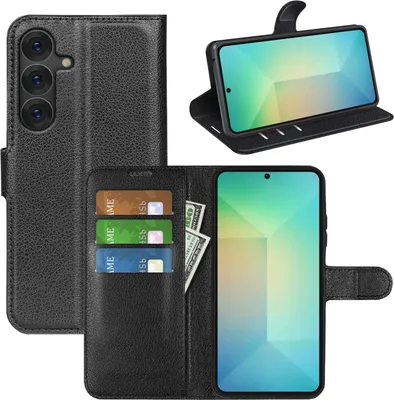 A black leather flip case for a smartphone is shown open, displaying the phone, credit cards, and cash.