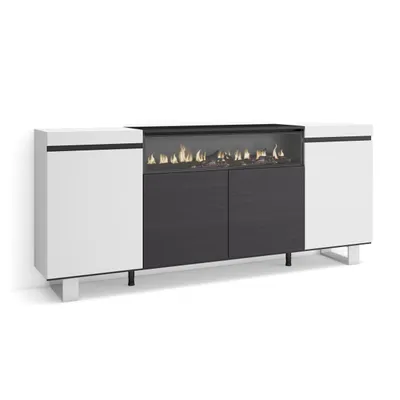 A modern sideboard with a fireplace feature, presented against a white background.
