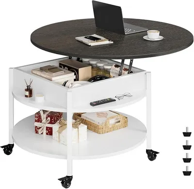 Imagen del producto de Mesa de centro redonda con ruedas, plataforma elevable y espacio de almacenamiento, color blanco