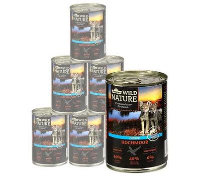 Produktbild von Dehner Wild Nature Hundefutter Hochmoor, Nassfutter getreidefrei / zuckerfrei, für Welpen und junge Hunde, Gefügel / Ente, 6 x 400 g Dose (2.4 kg)