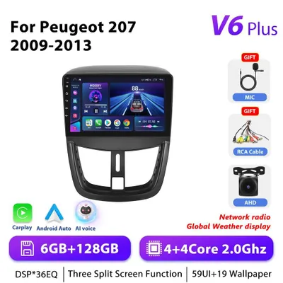 Obrázek produktu pro Peugeot 207 – autorádio s Androidem 10, 2 DIN, 22,9 cm – 6 GB RAM + 128 GB ROM – procesor 2,0 GHz – vstup pro zadní kameru AHD – GPS navigace a RDS – HD 1280×720