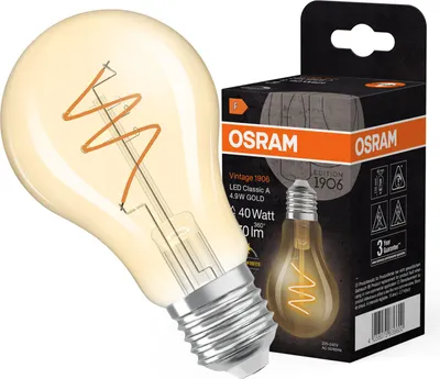 Zdjęcie produktu dla Żarówka LED Dekoracyjna A60 E27 4.9W = 40W 470lm 2700K Ciepła CRI90 300° Filament Ściemnialna Vintage 1906 Osram