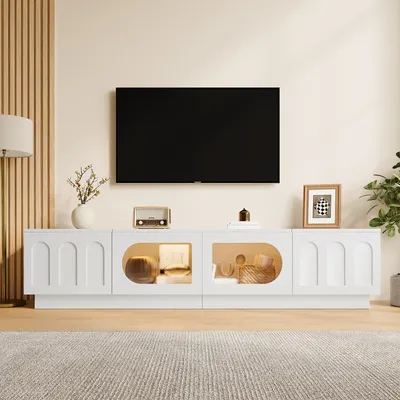 Immagine prodotto di Mobile TV Merax con ante a forma di arco e ante in vetro, mobile TV con illuminazione LED controllabile tramite app, mobile TV con passacavi, passacavi, colore bianco