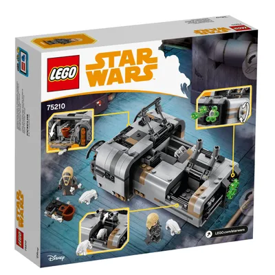The back of a LEGO Star Wars Moloch's Landspeeder 75210 playset box, showing the assembled model and various features.