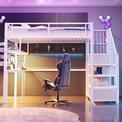 Produktbild von Hochbett mit Lichtleiste und Ladebuchse Stauraumleiter Kinderbett Einzelbett 90 x 200 cm Weiß