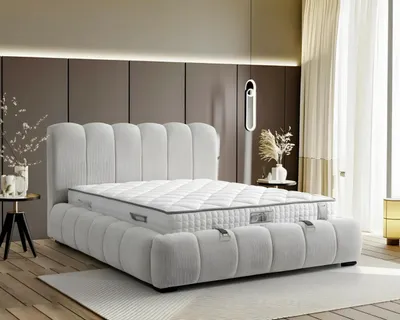 Produktbild von Weißes modernes Bett aus Textil mit hochwertiger Matratze