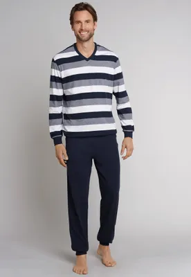 Produktbild von SCHIESSER Herren Schlafanzug 2-tlg. Set - lang, V-Ausschnitt, Baumwolle, Streifen Blau S