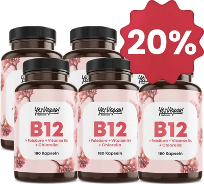 Produktbild von YesVegan® Vitamin B Komplex B12 Folsäure Energie 180 Kapseln - 6er Set