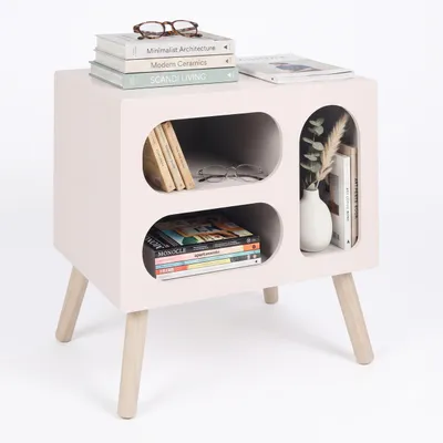 Produktbild von Relaxdays Nachttisch skandinavisch, Retro, Nachtschrank, offen, HBT: 45x45x35 cm, Beistelltisch Schlafzimmer, weiß/natur