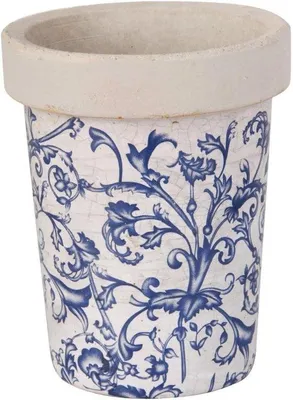 Produktbild von Blau/Weißer runder Ton-Blumentopf für Innen und Außen, mit guter Pflanzenisolierung
