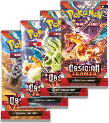 A stack of Pokemon Scarlet & Violet Obsidian Flames booster packs.