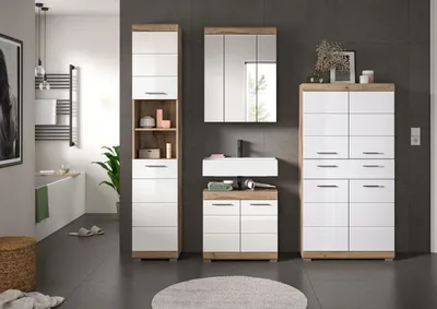 Produktbild von Badezimmer-Set Wave | weiß Hochglanz / Nox Oak | 4-teilig | ohne Aufsatzleuchte