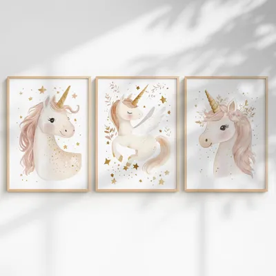 Produktbild von Poster-Set mit 3 Stück – Wanddekoration für Kinderzimmer – Einhorn/Prinzessin/Tiere – Baby- und Kinderzimmer – Niedliche Illustrationen – DIN A3