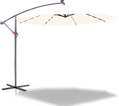 Produktbild von Sonnenschirm mit LED Beleuchtung Ampelschirm 350 cm Garten Schirm mit 32 LED-Lämpchen UV-Schutz Kurbelschirm Ständer Gartenschirm Marktschirm, Beige