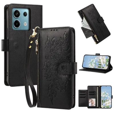 Produktbild von Handyhülle für Xiaomi Redmi Note 13 5G, Wallet Case Kunstleder mit Kartenfächern, Reißverschluss und Handschlaufe Schwarz