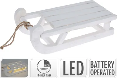 Produktbild von Deko-Schlitten aus Holz mit LED-Beleuchtung und Timer - Dekoschlitten - Holzschlitten Deko - Dekoholzschlitten mit LED