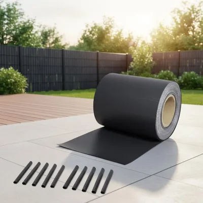 A roll of black privacy screen material and stakes are laid out on a patio next to a wooden deck, with a black fence and trees in the background.
