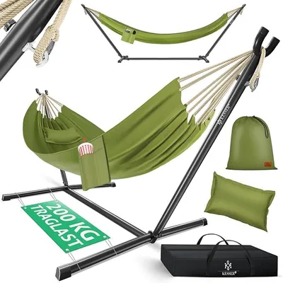 Produktbild von Hängematte Lake mit Gestell, Doppel für 2 Personen, 200kg Belastbarkeit, Indoor & Outdoor, XXL Hängesessel, Garten, Pool, Balkon, Terrasse, Inkl. Kissen, Beutel & Tasche, Khaki