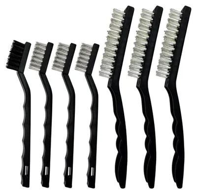 Produktbild von Drahtbürsten-Set 7-teilig: 3 große Edelstahl-Drahtbürsten, 3 kleine Edelstahlbürsten, 1 Nylonbürste