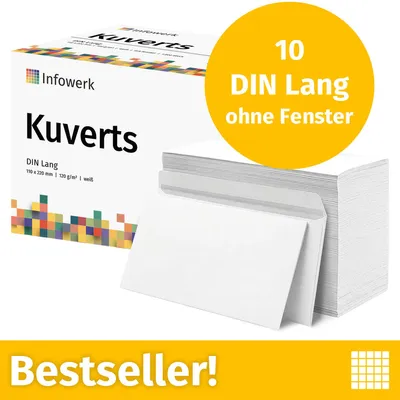 Image de NOUVEAU : Infowerk Enveloppes sans fenêtre, format DL, non imprimées, 10 pièces