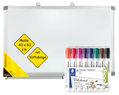 Whiteboard 60x40 cm mit Stifteablage, inkl. 8 Markern