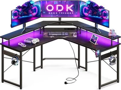 Obrázek produktu pro Ibenzoa® Herní stůl, černý – RGB LED (10 barev a režimů), 2 zásuvky + 2 USB porty, zvýšená podložka pro monitor, stabilní konstrukce, snadná montáž