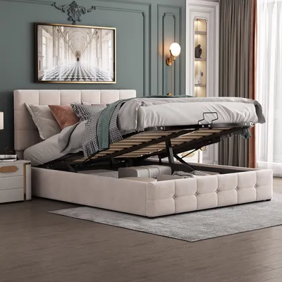 A bedroom scene featuring a bed with its storage compartment open, showcasing the mattress support mechanism.