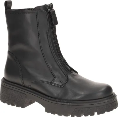 A black leather boot with a front zipper and a thick sole, shown from a side angle against a white background.