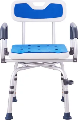 A front view of a shower chair with blue padding and silver metal legs.
