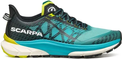 Trailrunning-Schuh "Golden Gate 2" von Scarpa in Türkis und Schwarz mit gelben Akzenten.