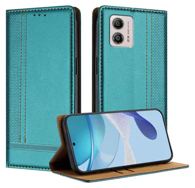 A teal flip case for a smartphone is displayed open, showing the phone inside and the case's interior.