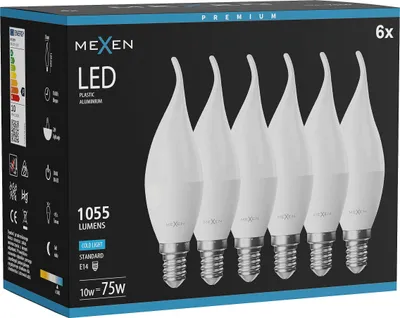 Zdjęcie produktu dla Mexen Nova 6x żarówka LED płomyk E14, C37, 10W, Zimna - 6500K, 1055 lm - L106-E14-1065-01x06
