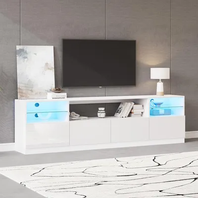 Obrázek produktu pro Lesklá TV skříňka Merax s LED osvětlením, nízká TV skříňka se 4 dvířky a 8 úložnými prostory, TV stolek se skleněnými policemi pro televizory do 75 palců, TV skříňka z MDF, bílá