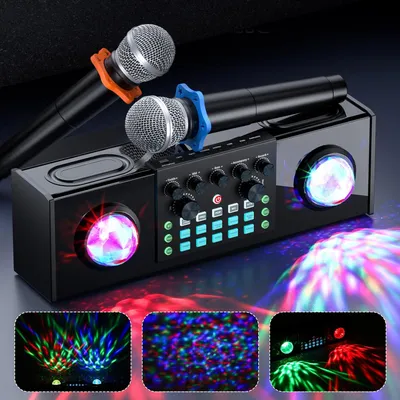 Obrázok produktu pre ZELURXX Multifunkčná karaoke a domáca kino zvuková karta s LED osvetlením, s 2 mikrofónmi, ideálna na streamovanie, párty a spev