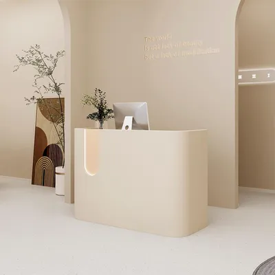 Produktbild von Kassentheke mit LED und Schubladen, Empfangstheke für Büro, Supermarkt, Hotel, Bekleidungsgeschäft, Beige 180x55cm 【M Yuanhu 180】