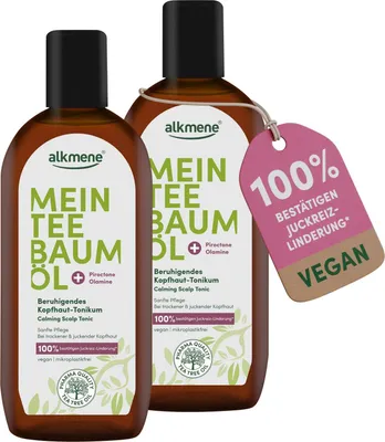 Produktbild von alkmene Mein Teebaumöl Kopfhaut Tonikum 2x 250 ml Juckreiz Linderung 100% bestätigt - vegan - beruhigendes Haarwasser