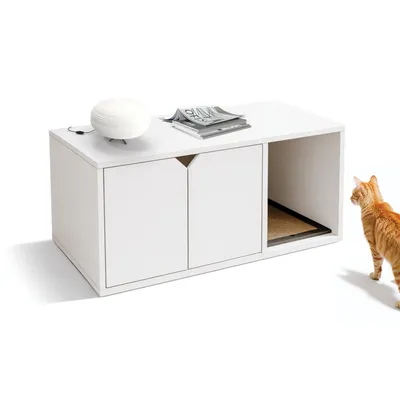 Produktbild von Catchi Katzenklo Schrank in Weiß – Nachhaltig & 100% recycelbar – Formaldehydfrei & Schadstofffrei – inklusive Kratzbrett – Werkzeuglose Montage – Modernes Design - 91x52x43cm