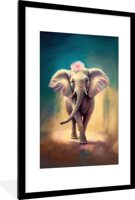 Produktbild von MuchoWow® Gerahmtes Poster Elefant - Tiere - Malen - Blumen - Porträt 60x90 cm - Poster mit Schwarzem Bilderrahmen Wandposter Rahmen Foto Bilder - Dekoration - Wandposter Wohnzimmer - Hochwertig