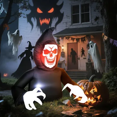 Zdjęcie produktu dla Nadmuchiwany kostuch Outsunny, dekoracja na Halloween z oświetleniem LED do użytku na zewnątrz