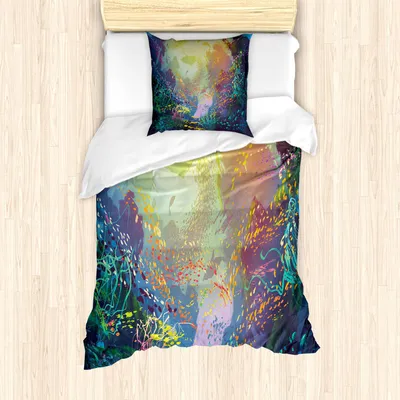 Produktbild von ABAKUHAUS Meerestiere Bettbezug Set, Unterwasser Korallenriff Und Bunten Fisch Aquarium Künstlerischen Druck, 135 x 200 cm + 80 x 80 cm, Türkis Gelb Pink