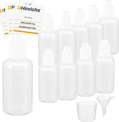 Produktbild von Hinrichs 10 x 50 ml Tropfflaschen WEISS zur Dosierung von Flüssigkeiten in LDPE Qualität (wp)